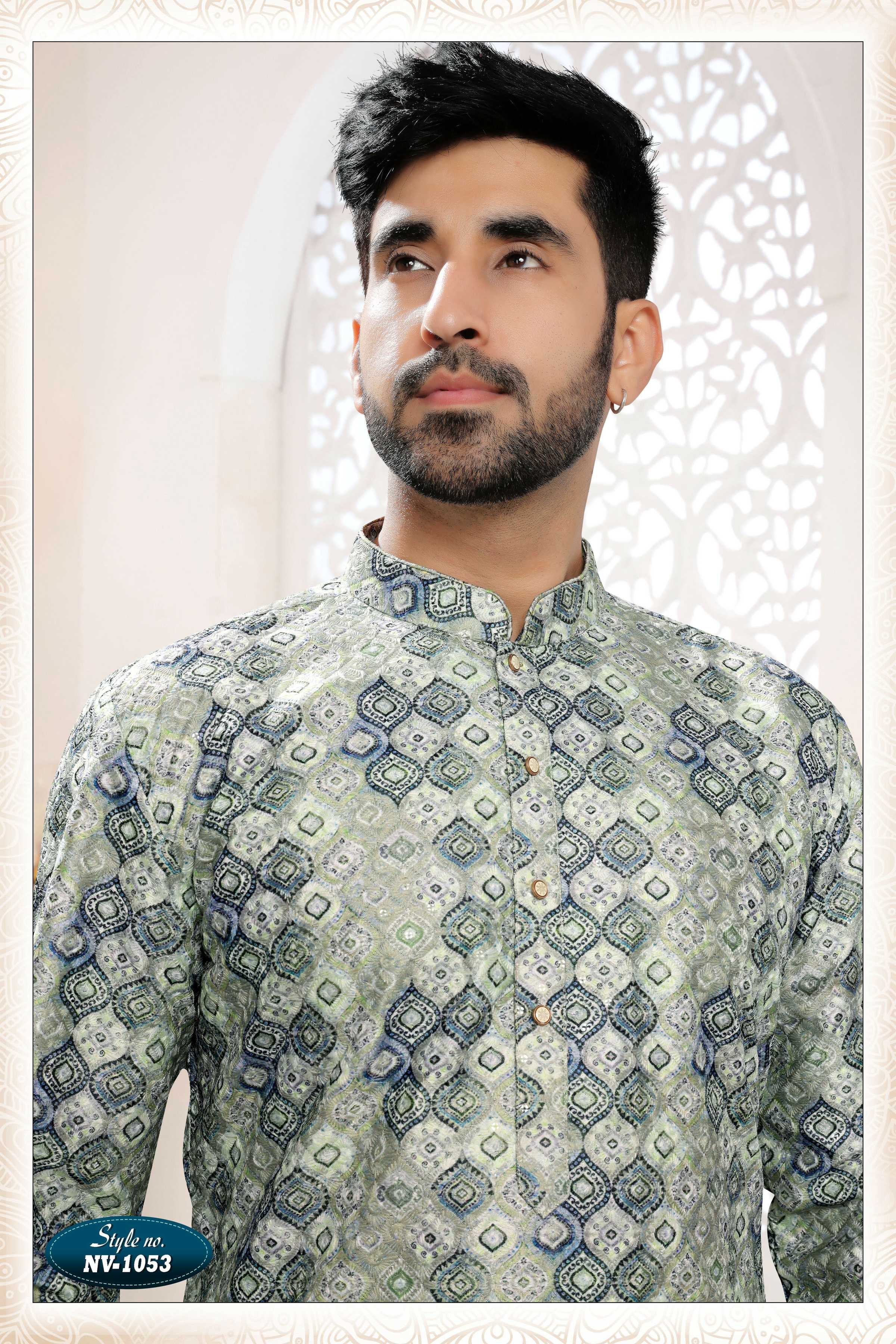 Joban Fashion Men's Green & Blue Straight Silk Thread And Sequence Embroidery All Over Kurta Set - Distacart
