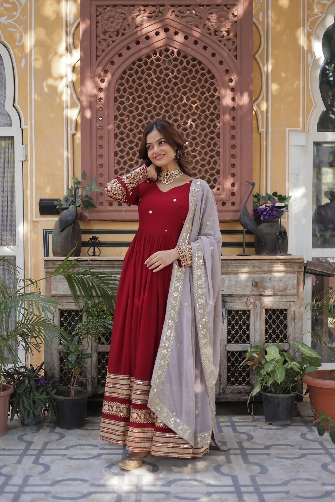 Joban Fashion Red Georgette Sequence Embroidery Work Kurta Set