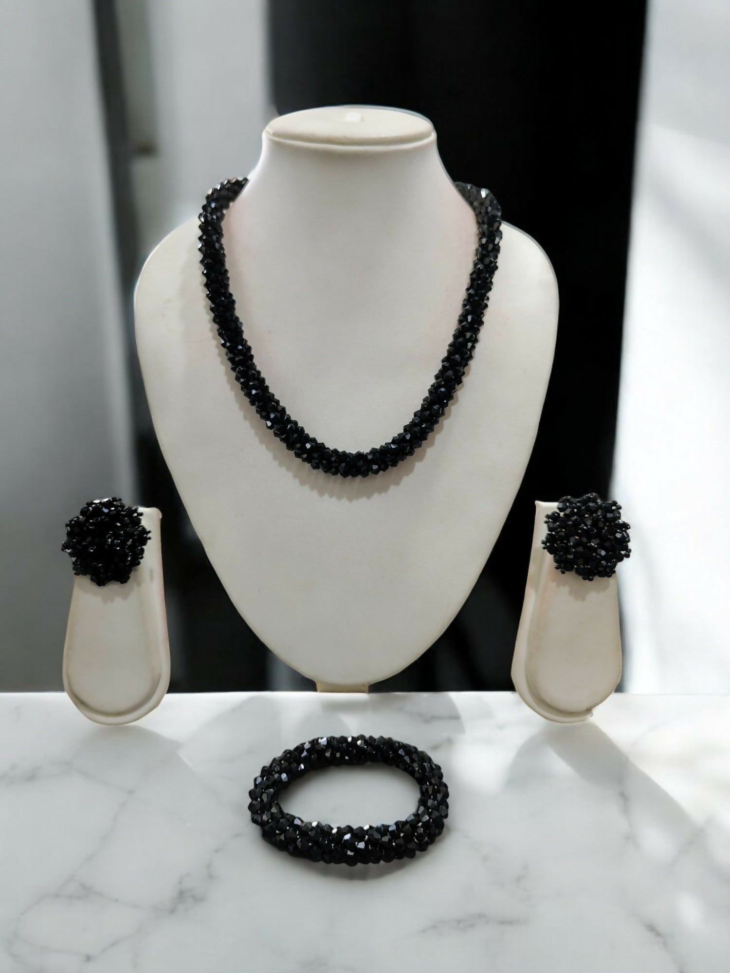 Inhanns Complete Look Crystal Statement 3-Piece Set (Adjustable Necklace + Earrings + Adjustable Bangle ) - Black - Distacart