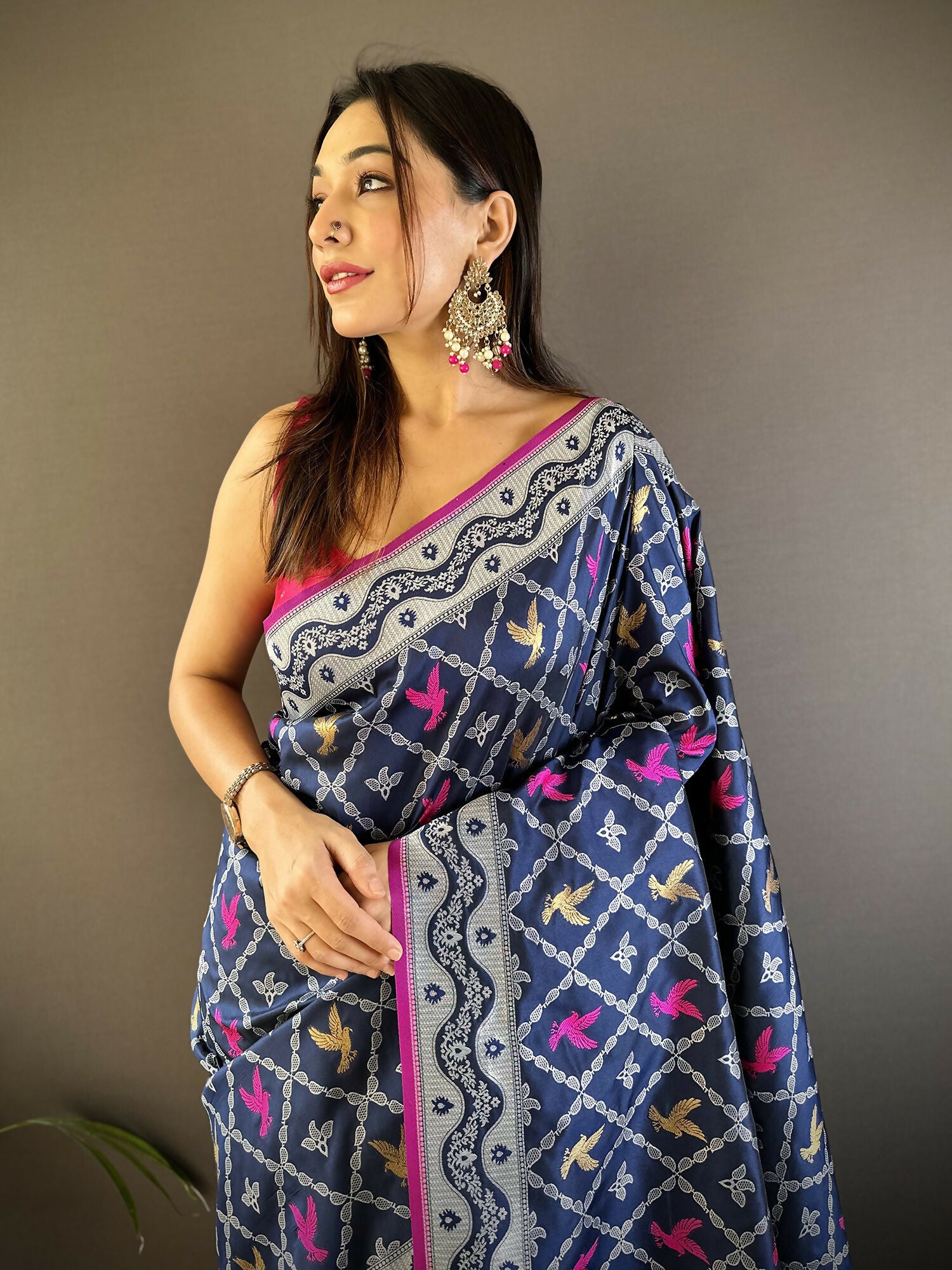 Joban Fashion Royal Blue Jacquard Woven Pattern Lichi Soft Silk Banarasi Saree - Dista