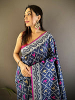 Thumbnail for Joban Fashion Royal Blue Jacquard Woven Pattern Lichi Soft Silk Banarasi Saree - Dista
