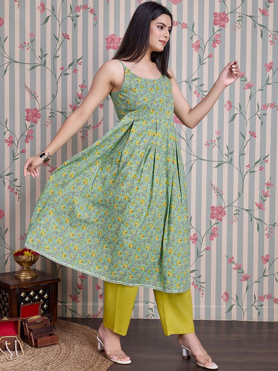 Ode by House of Pataudi Floral Printed Shoulder Straps Pure Cotton Anarkali Kurta - Distacart