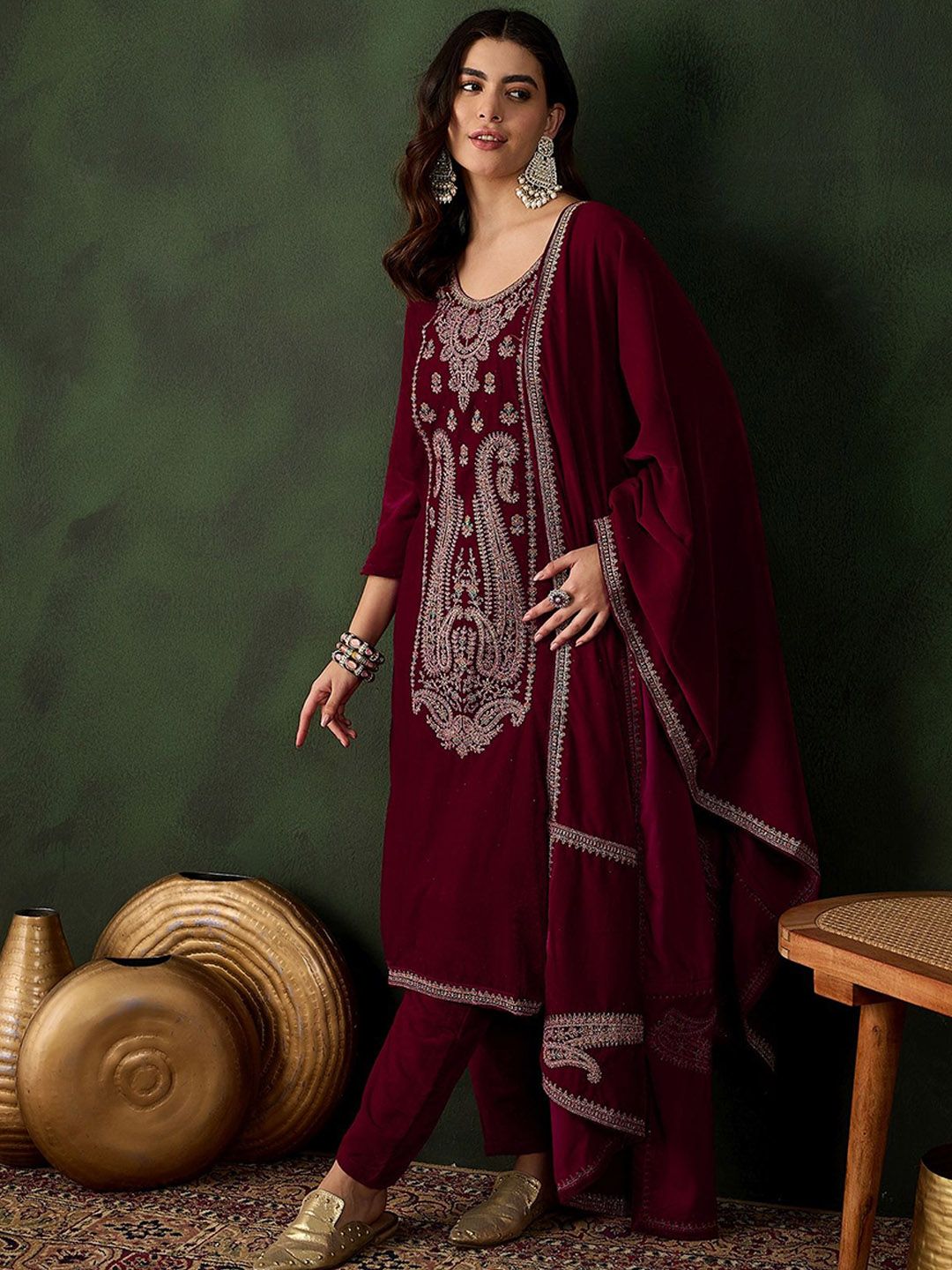 Sangria Floral Embroidered Straight Kurta & Trousers With Dupatta - Distacart