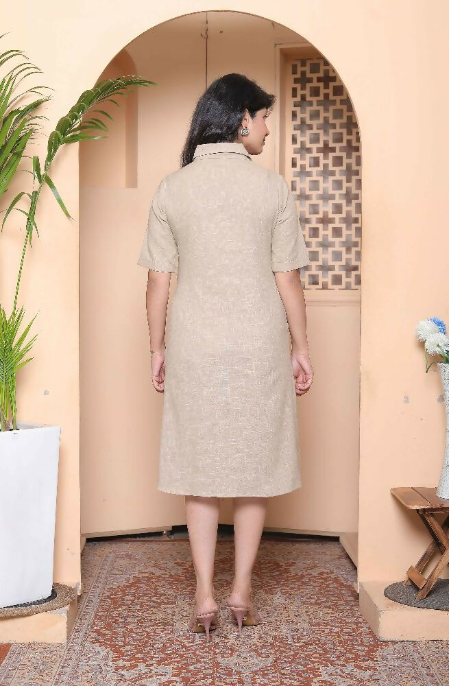 Miravan Womens Beige Solid Midi Dress With Belt And Side Pocket - Distacart