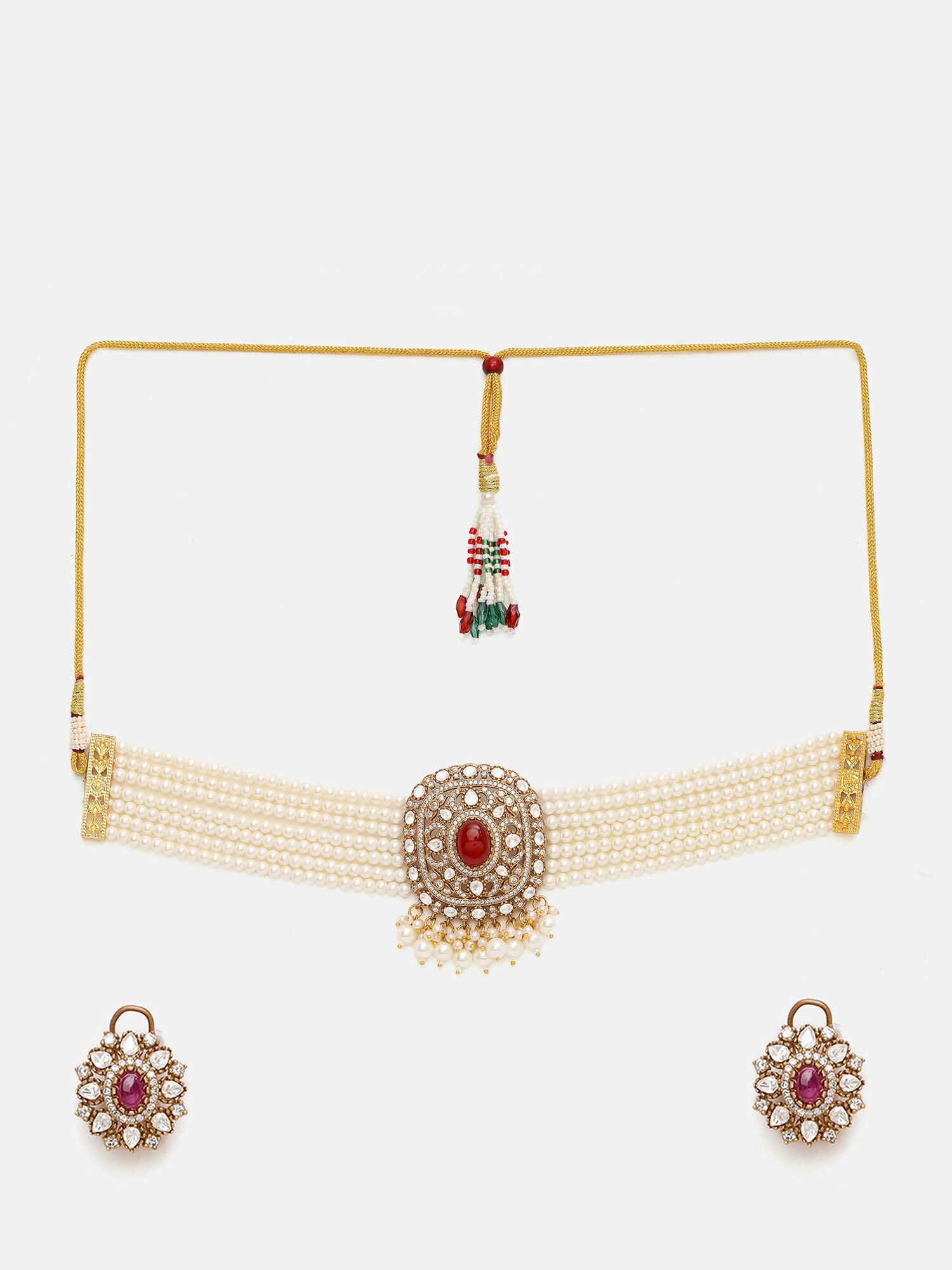 Ruby Raang 22k Gold Polished Pearl And Kundan Necklace With Stud Earrings
