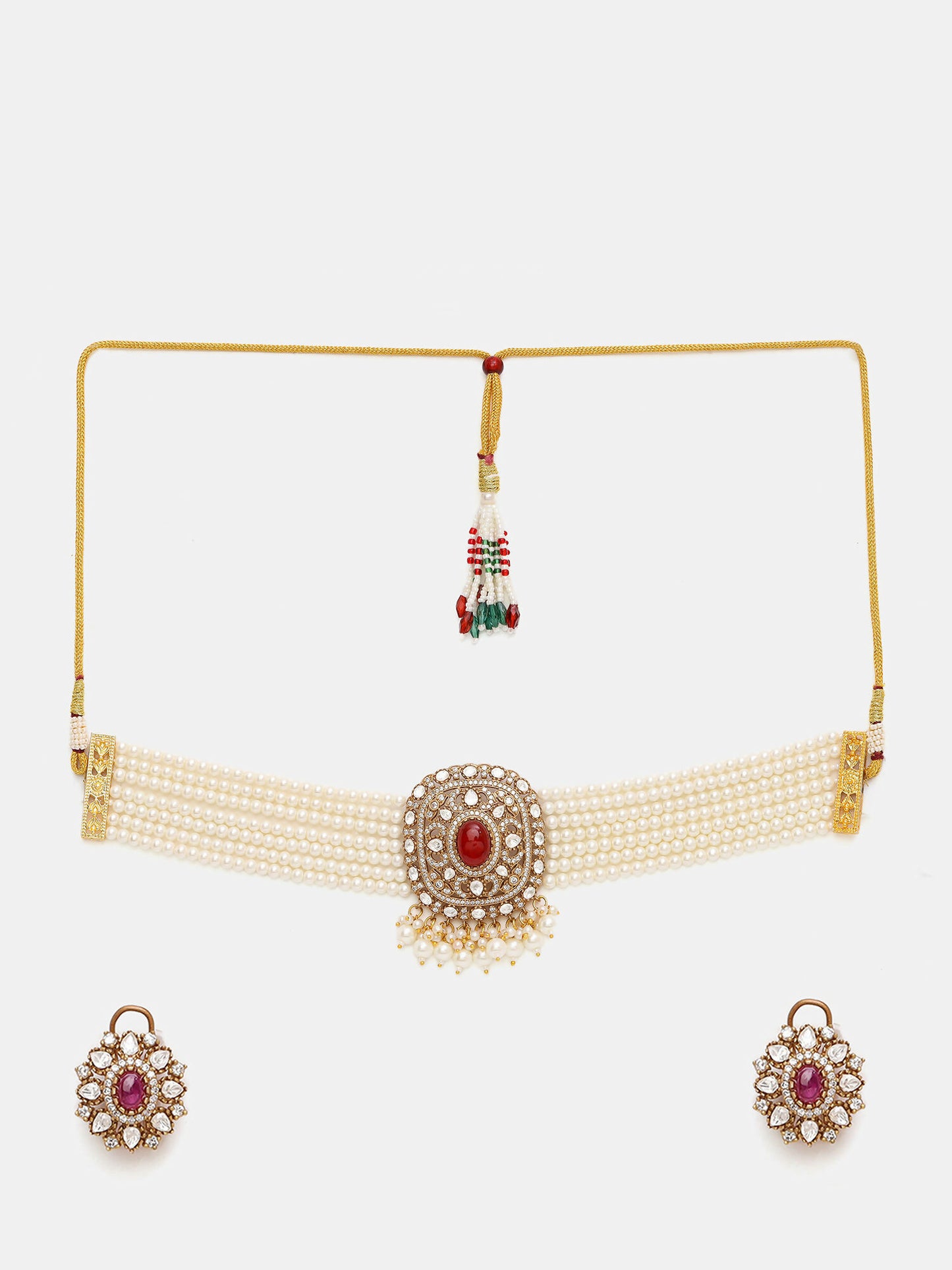 Ruby Raang 22k Gold Polished Pearl And Kundan Necklace With Stud Earrings - Distacart