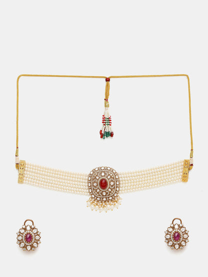 Ruby Raang 22k Gold Polished Pearl And Kundan Necklace With Stud Earrings - Distacart