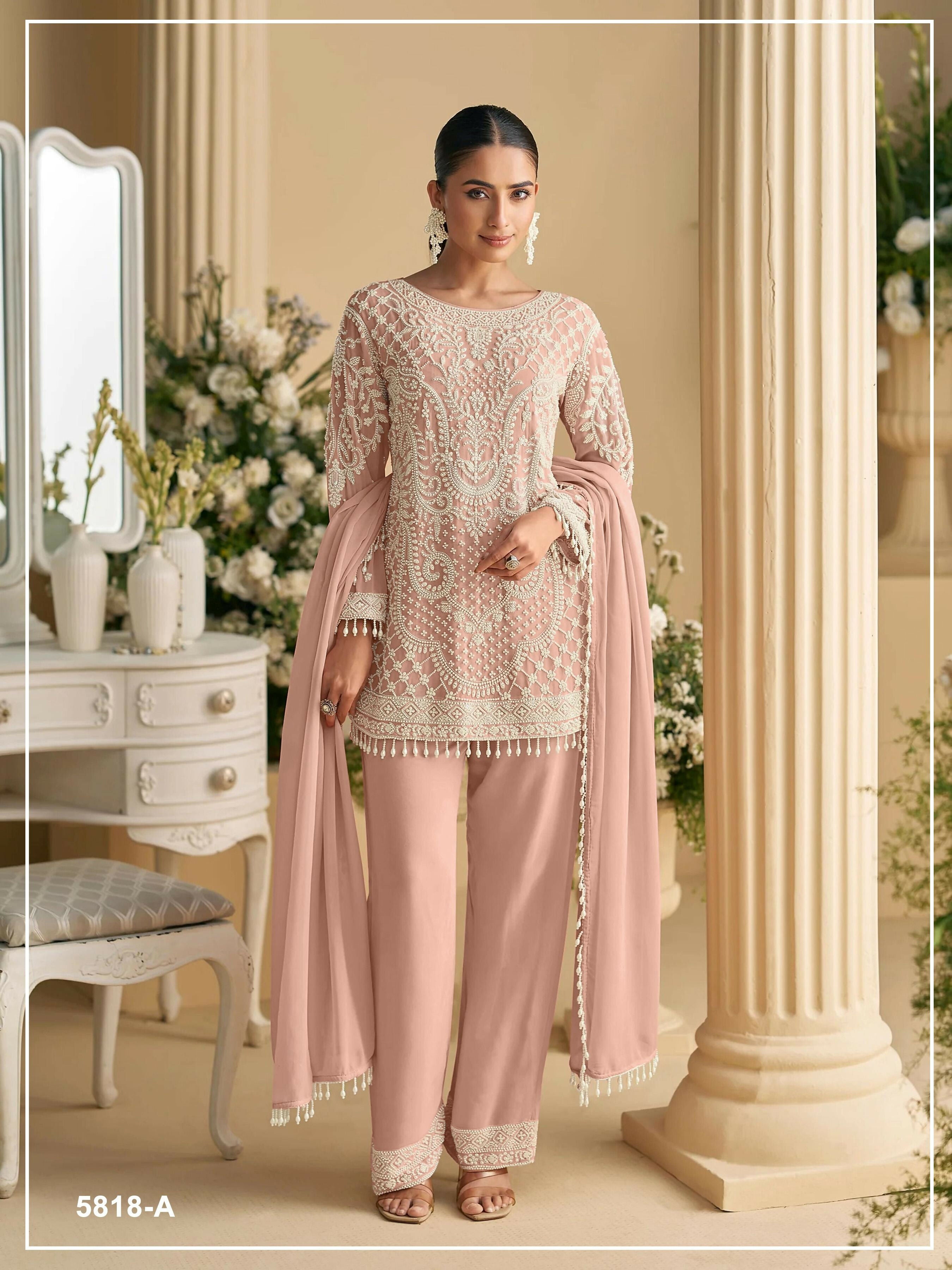 Anaita Peach Georgette Stitched Suit with Embroidered Beads & Sequence Work - Distacart