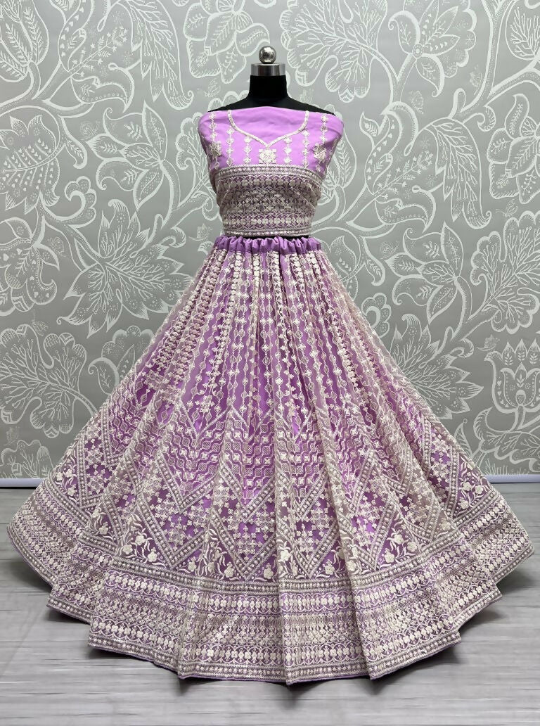 Jyoti Fashion Women's Mauve Net Patterned Thread Embroidered with Sequins Wedding Lehenga Choli - Distacart