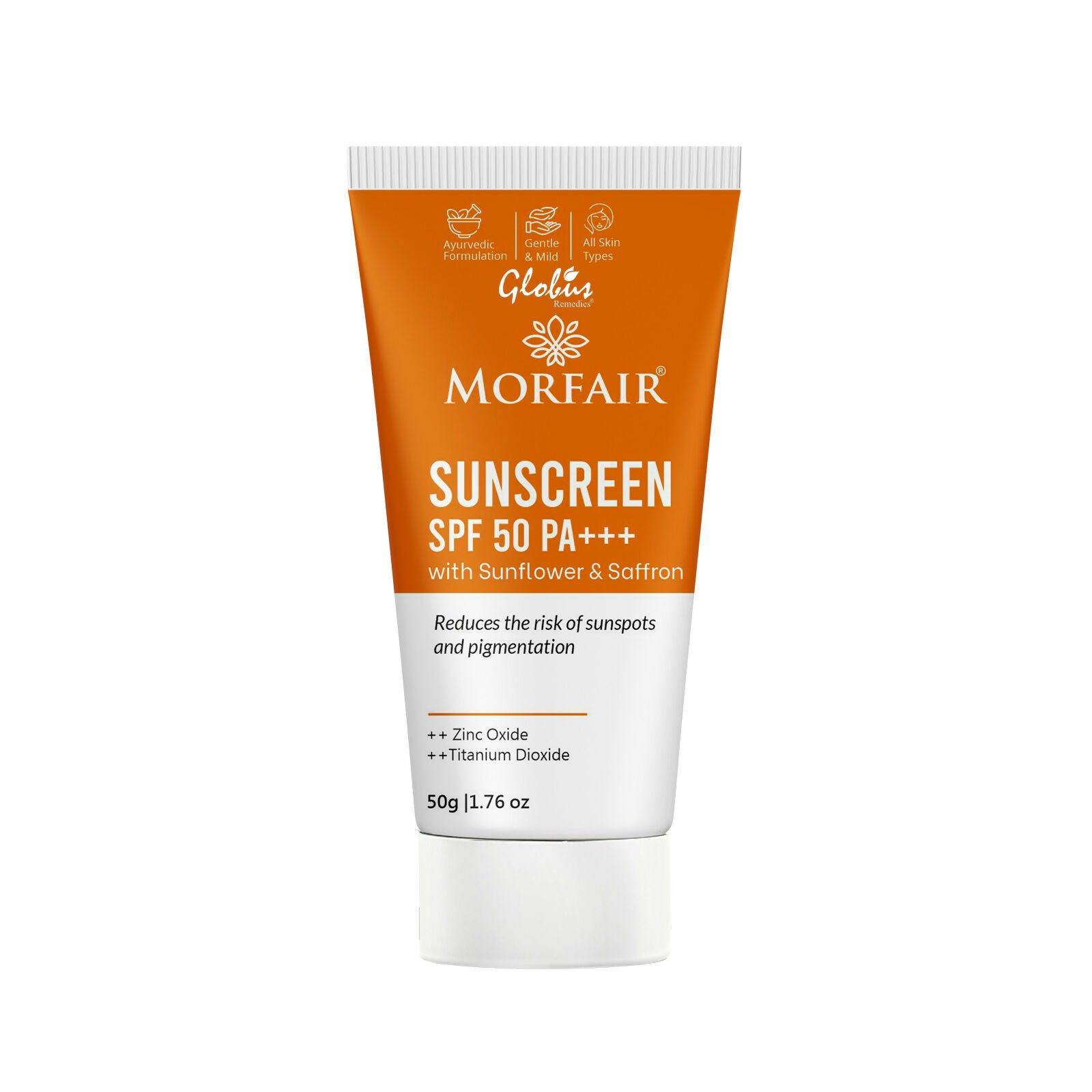 Globus Remedies Morfair Sunscreen SPF 50 PA+++ with Sunflower & Saffron For Reduces Sunspots & Pigmentation