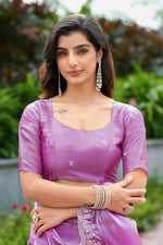 Thumbnail for Vastranavya Light Pink Embroidery Work Shimmer Chiffon Saree with Unstitched Blouse