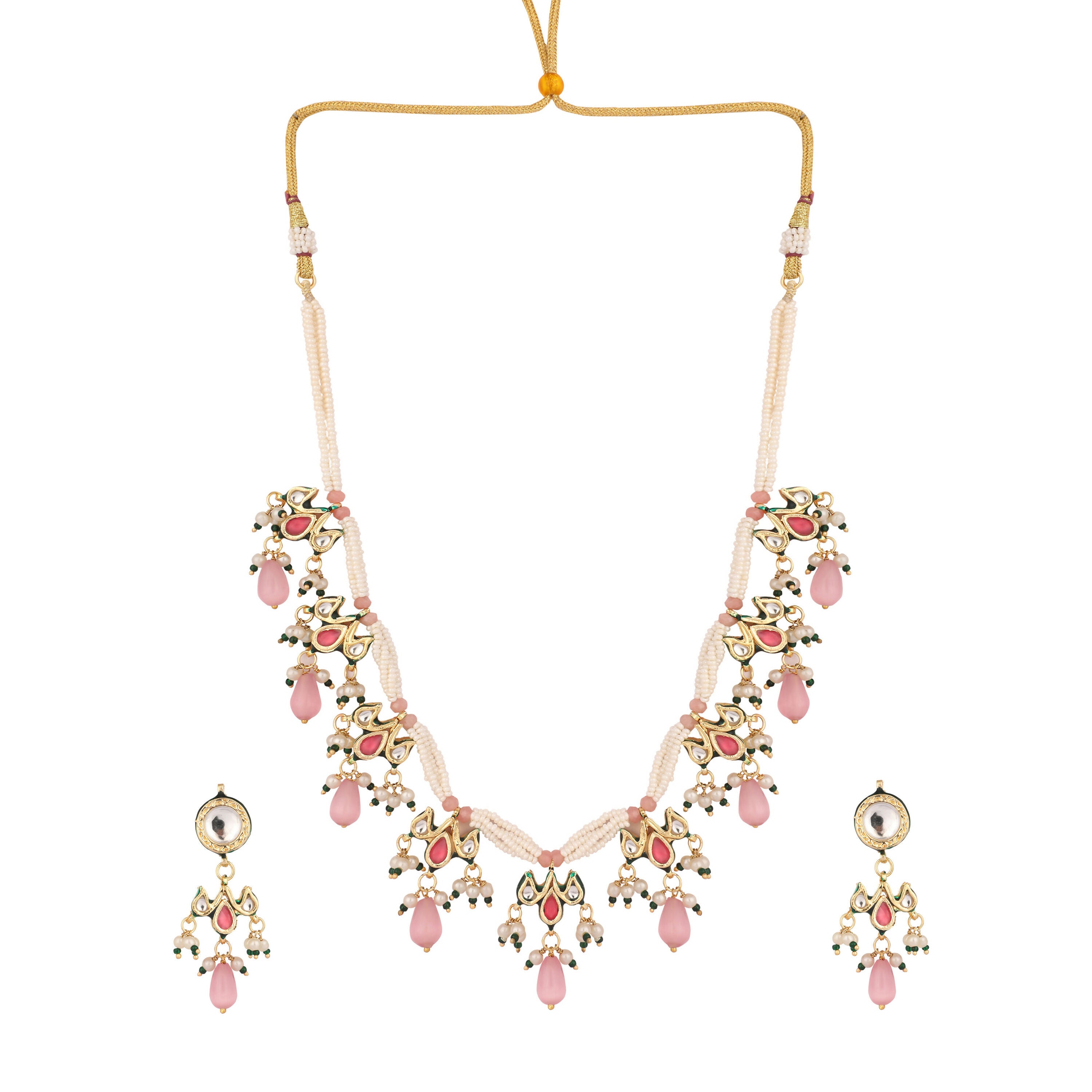 Nuyug 22K Gold Plated Pearl Empress Flora Pink Stone Drops Necklace Set