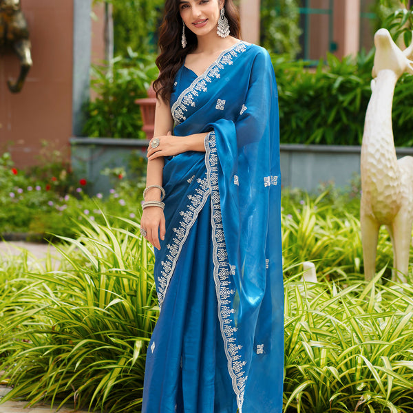 Vastranavya Firozi Embroidery Work Shimmer Chiffon Saree with Unstitched Blouse - Distacart