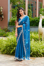 Thumbnail for Vastranavya Firozi Embroidery Work Shimmer Chiffon Saree with Unstitched Blouse