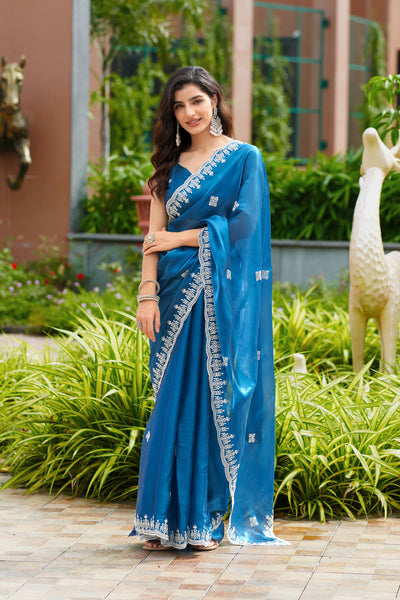 Vastranavya Firozi Embroidery Work Shimmer Chiffon Saree with Unstitched Blouse