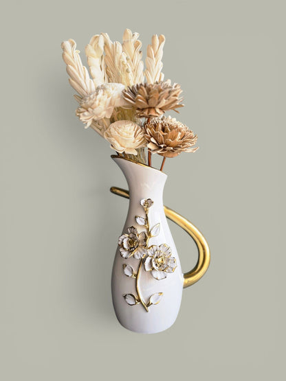 Sun Mun Decors Premium & Elegant White & Golden Ceramic Jar Shaped Vase