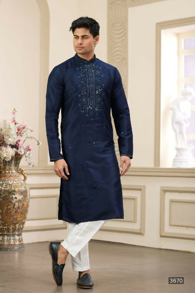 Raivat Ethnic Banarasi Art Silk Thread and Mirror Work Kurta Pajama In Blue Colour