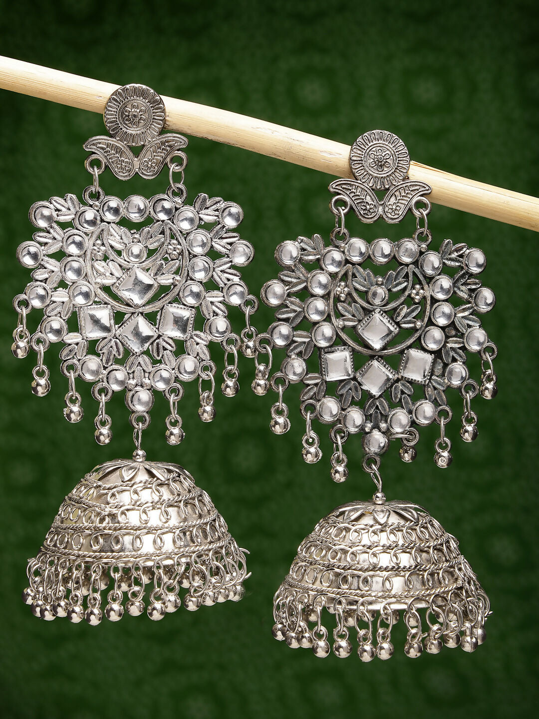 NVR Women's Silver-Plated Oxidised Artificial Stones Dome Shaped Jhumka Earrings - Distacart