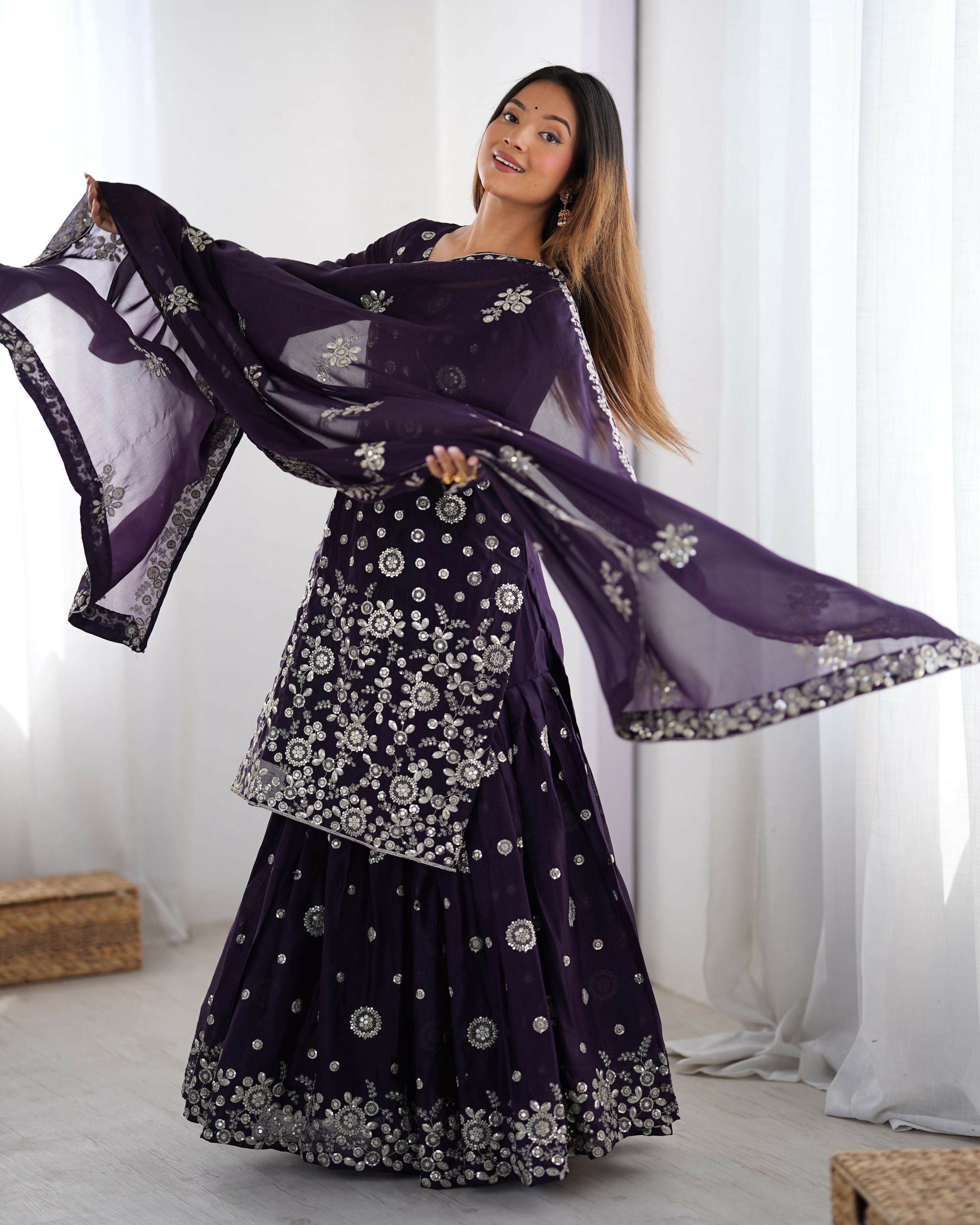 Joban Fashion Deep Plum Sharara Georgette Thread with Sequins work