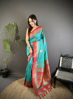 Thumbnail for Joban Fashion Aqua Green Banarasi Soft Silk Peacock Butta Work Saree - Distacart