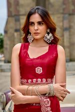 Thumbnail for Vastranavya Red Embroidery Work Shimmer Chiffon Saree with Unstitched Blouse