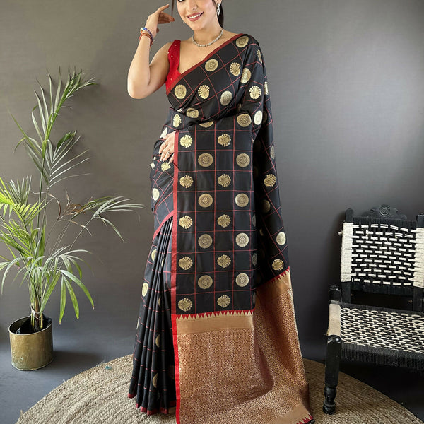 Joban Fashion Black Checked & Circular Motifs Soft Silk Banarasi Saree - Distacart