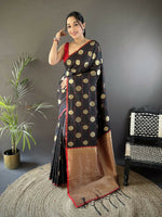 Thumbnail for Joban Fashion Black Checked & Circular Motifs Soft Silk Banarasi Saree - Distacart