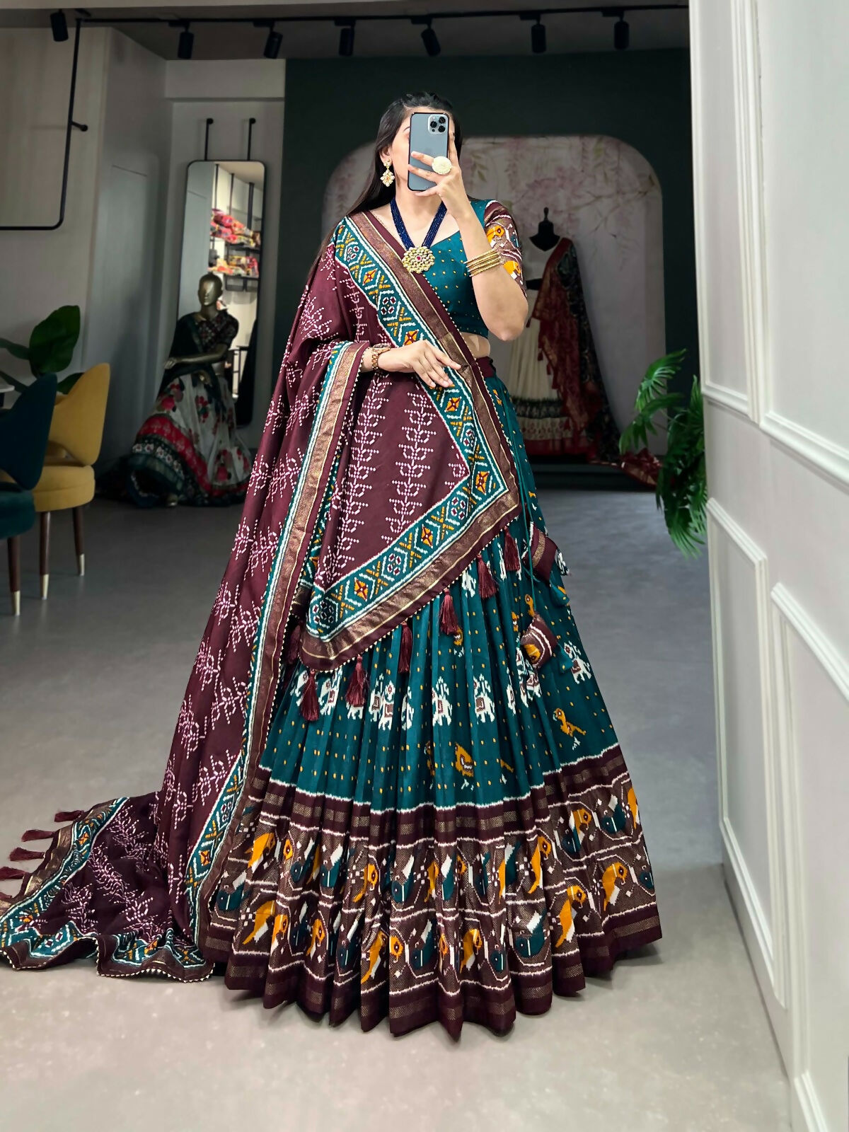 Vastranavya Traditional Ikkat Patola Print Tussar Silk Lehenga Choli - Teal - Distacart