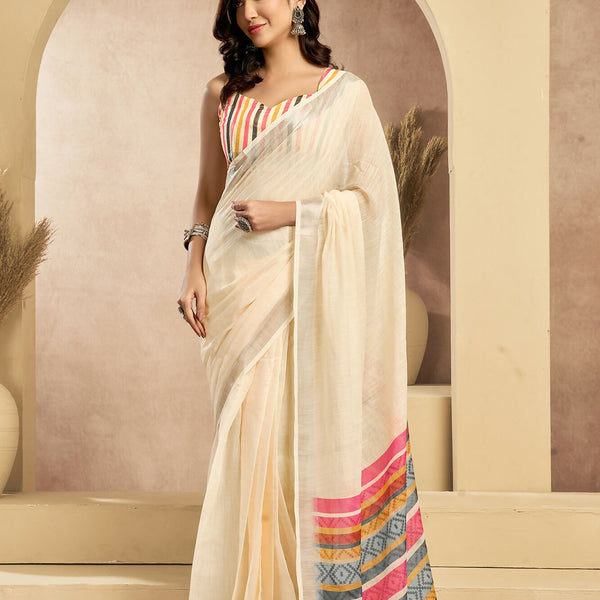 Vastranavya Off White Digital Printed Linen Ready To Wear Pocket Saree with Unstitched Blouse - Distacart