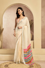 Thumbnail for Vastranavya Off White Digital Printed Linen Ready To Wear Pocket Saree with Unstitched Blouse - Distacart