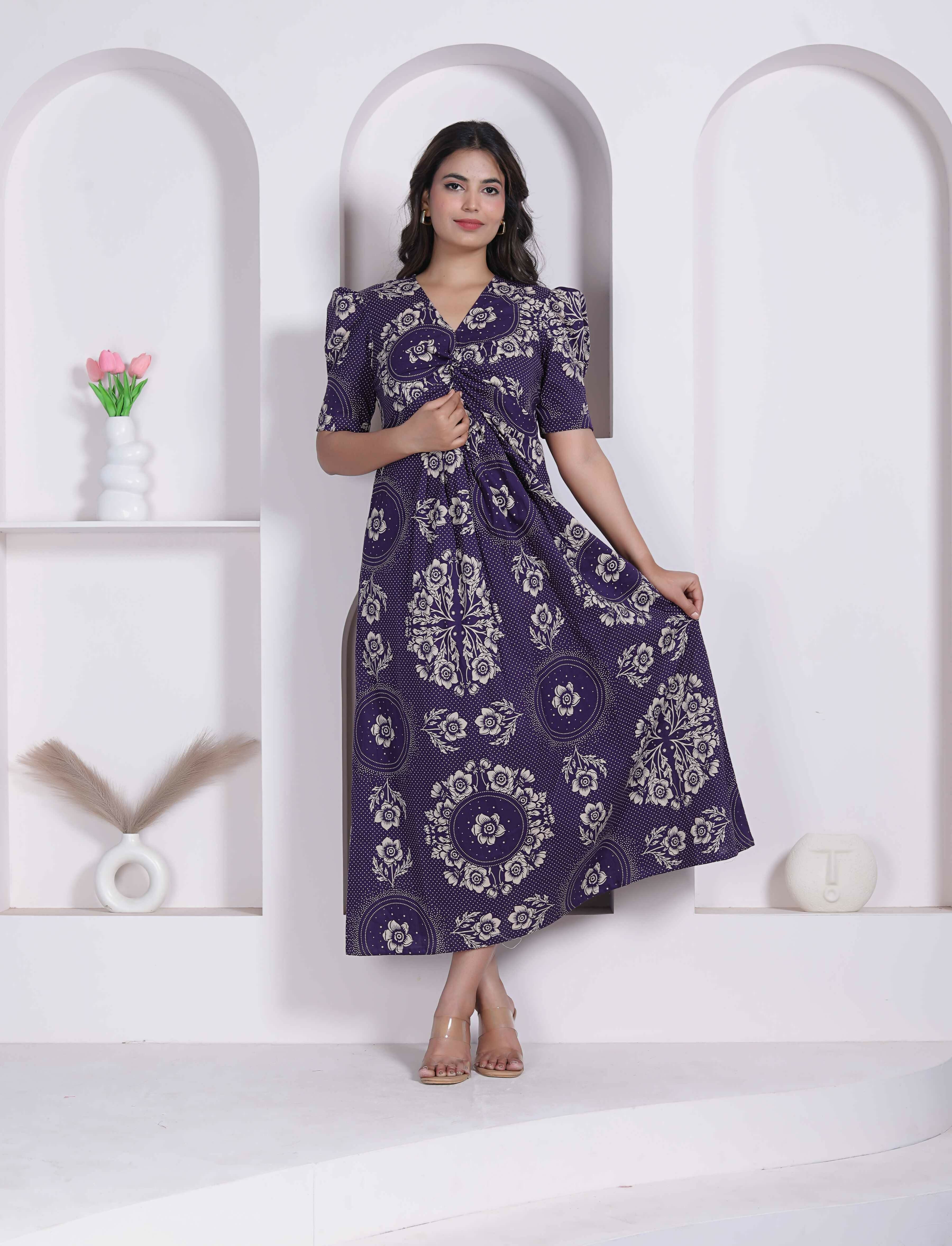 Miravan Womens Floral Printed Cotton Butterfly Maxi Dress - Dista