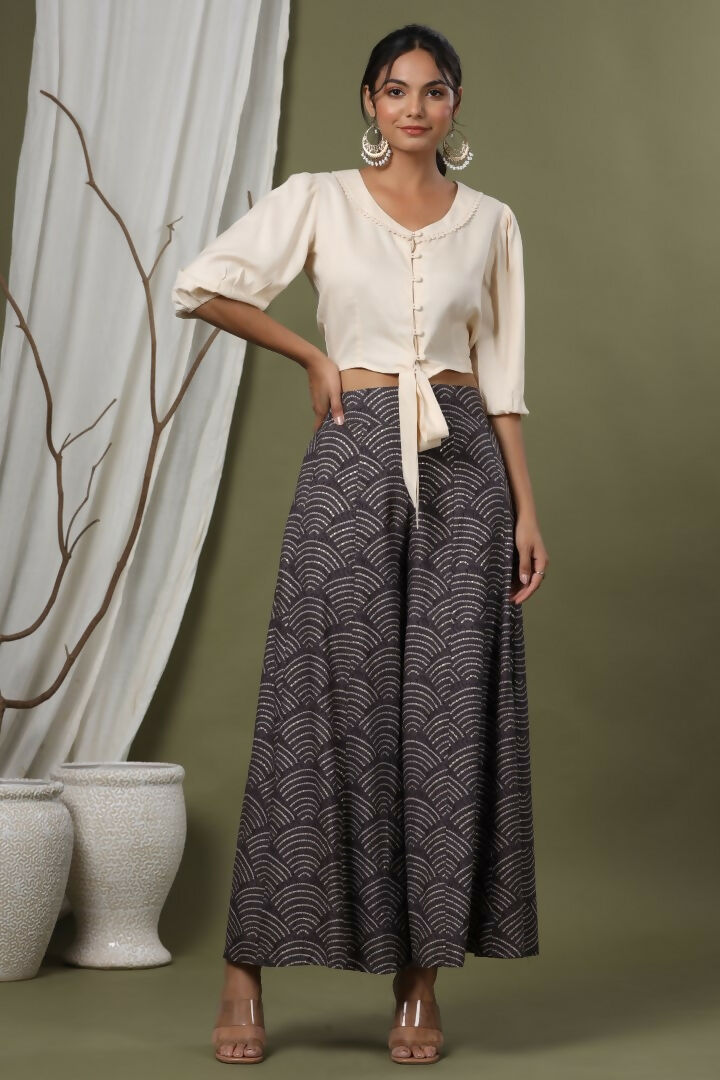 Juniper Grey Ethnic Motif Printed Rayon Flared & Kalidar Palazzo - Distacart