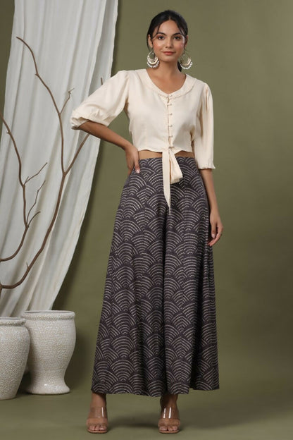 Juniper Grey Ethnic Motif Printed Rayon Flared & Kalidar Palazzo - Distacart