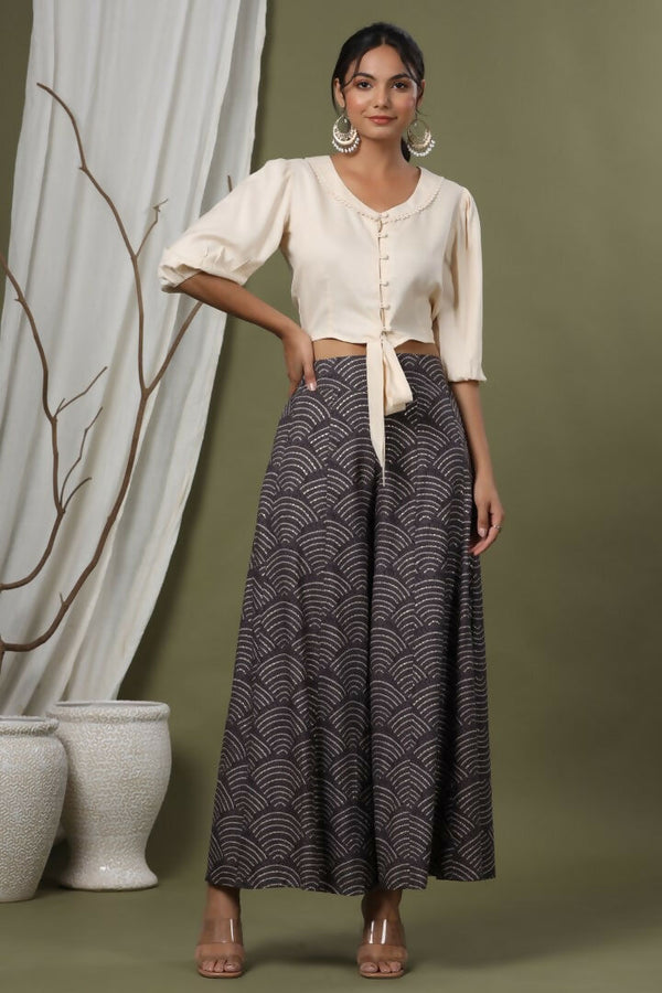 Juniper Grey Ethnic Motif Printed Rayon Flared & Kalidar Palazzo - Distacart