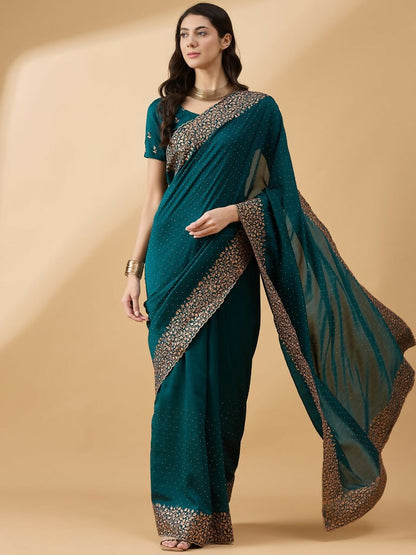 Teal Silk Blend Embroidered Saree with Unstitched Blouse - Vairagi - Distacart