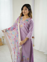 Thumbnail for The52 Lavender Women's Gorgeous Embroidered work Viscose Gadhwal Fabric Straight Kurta, Pant and Dupatta Set - Distacart