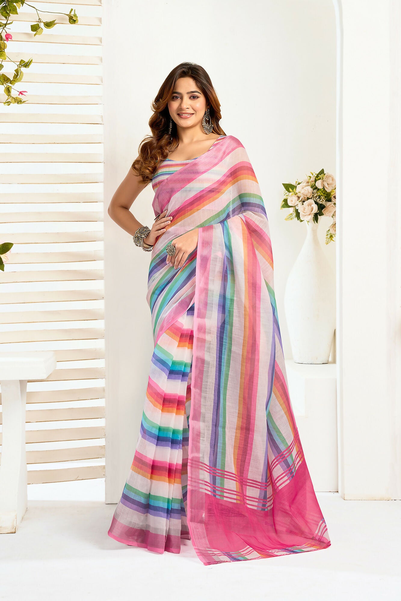 Vastranavya Rainbow Digital Printed Linen Ready To Wear Designer Saree with Unstitched Blouse - Distacart