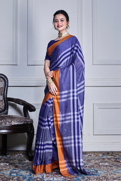 Morchari Sky Blue Cotton Handloom Mirror Work Saree Unstitched Blouse - Distacart