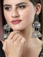 Thumbnail for NVR Women's Silver Plated Mirror Work Oxidised Contemporary Jhumka Earrings - Distacart