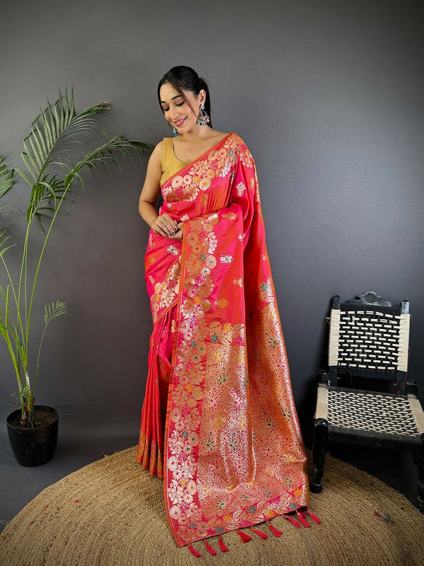 Joban Fashion Meenakari Hot Pink Woven Soft Silk Saree