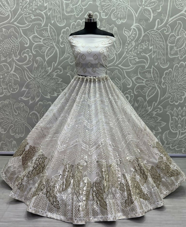 Jyoti Fashion Women's White Bridal Net Fancy Foil & Sequins with Multi Thread Embroidered Wedding Lehenga Choli - Distacart
