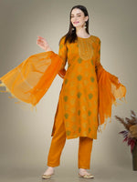 Thumbnail for Jyoti Fashion Women's Yellow Cotton Magic Slub Embroidery & Sequence work Kurta with Trouser & Dupatta - Distacart