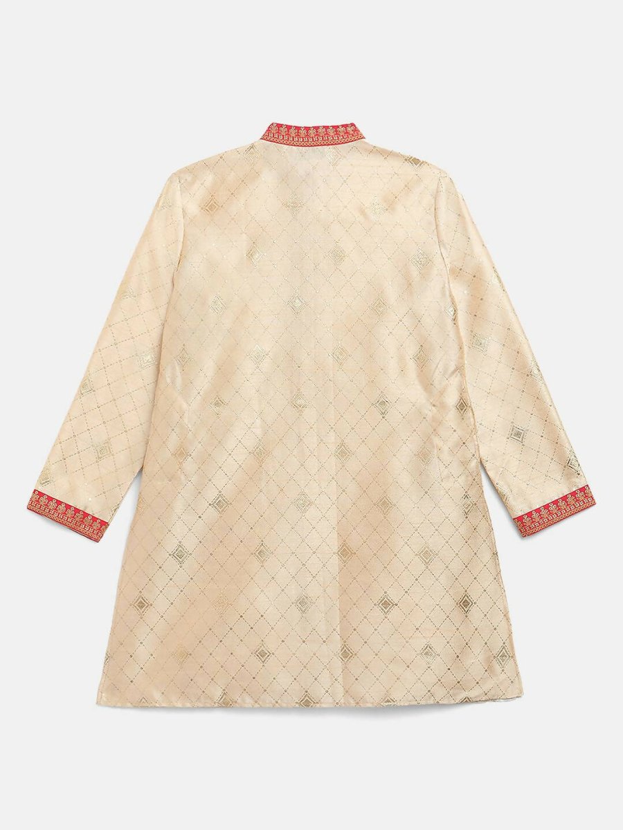 Ahalyaa Beige Poly Silk Gold Print Kids Kurta Churidar Set For Boys - Distacart