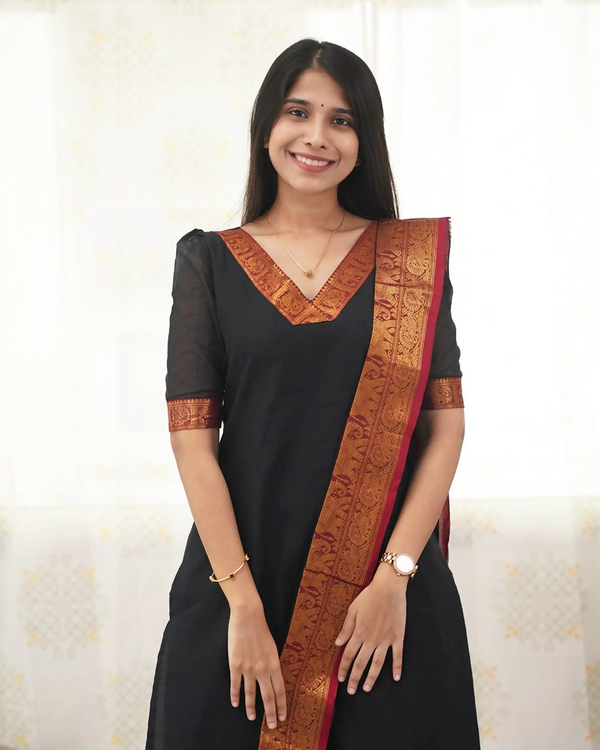 Divine Drape Women's Cotton Printed Straight Kurta With Dupatta - Black