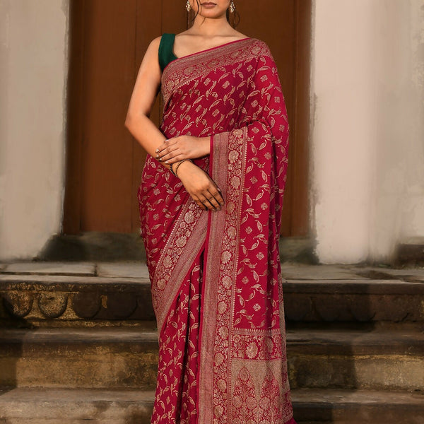 Joban Fashion Hot Pink Crepe Chiffon Banarasi Pure Handloom Banarasi Silk Saree - Dista