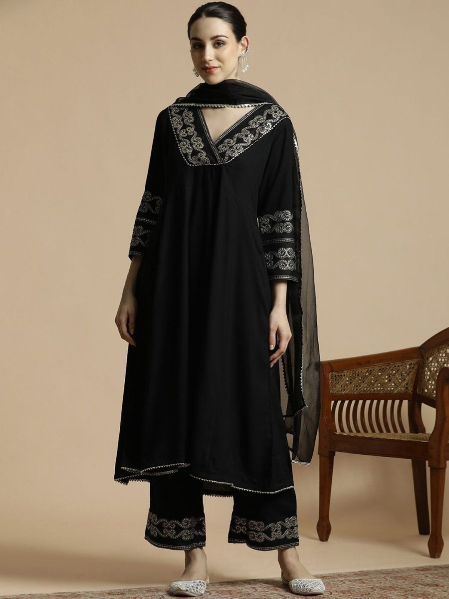 Anouk Embroidered Thread Work A-Line Kurta With Trousers & Dupatta - Distacart