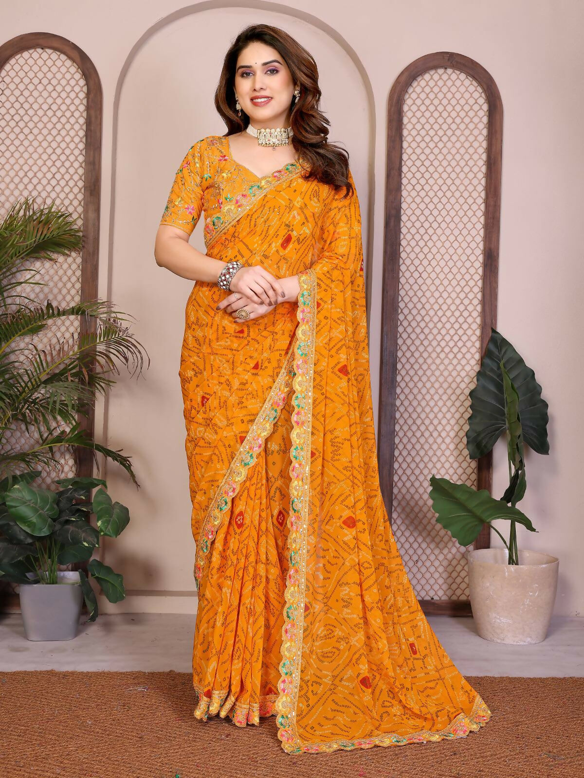 Teeya Creation Womens Trendy Simply Bandhej Georgette Saree-Yellow - Dista