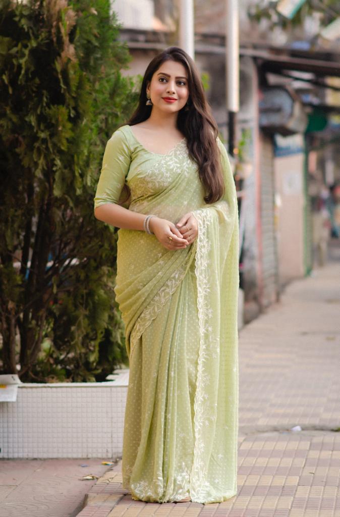 Green Pure Chiffon Woven Design Saree with Unstitched Blouse - A2M - Distacart