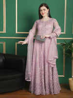 Thumbnail for Aastha Fashion Women's Purple Net Floral Resham Thread with Cording & Crystal work Anarkali Dress Set - Distacart
