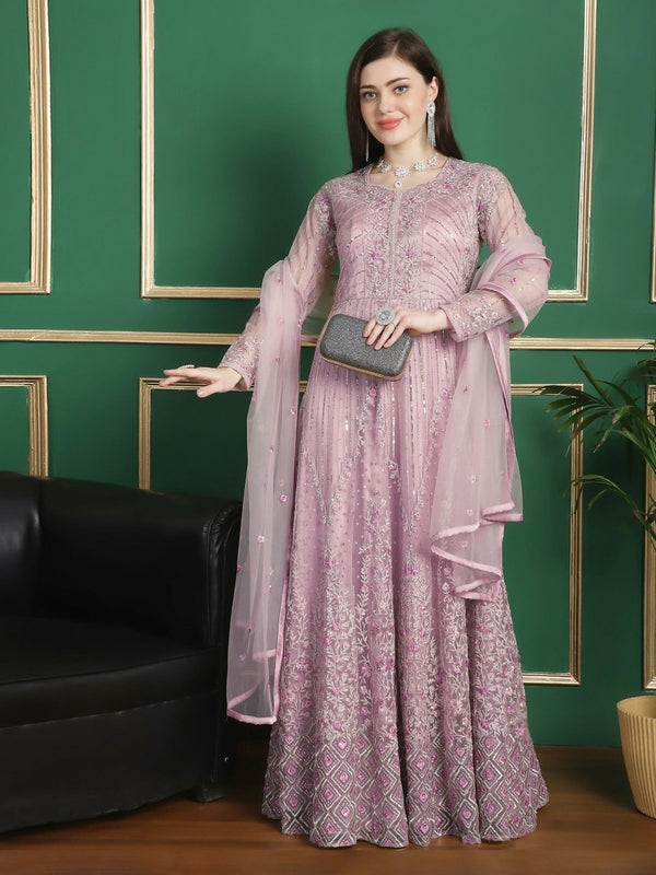 Aastha Fashion Women's Purple Net Floral Resham Thread with Cording & Crystal work Anarkali Dress Set - Distacart